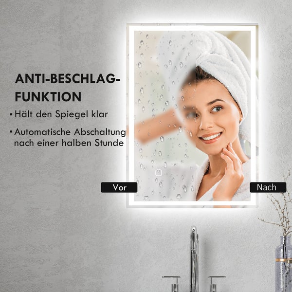 HOMCOM Badspiegel, Badezimmerspiegel mit LED-Leuchte, 70 x 50 cm Wandspiegel beschlagfreier Lichtspiegel mit Touchschalter, IP44