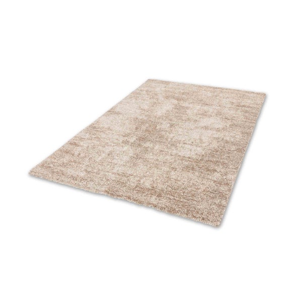 Rechteckiger Hochflor-Teppich mit meliertem beigem Muster.