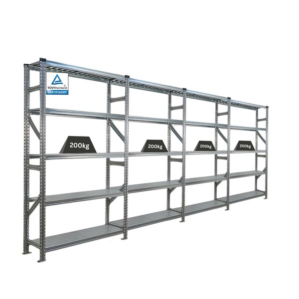 Metallregal mit vier Fächern und TÜV Rheinland Zertifizierung