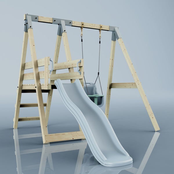 Schaukelgestell aus Holz mit Wellenrutsche, Podest, Leiter und Kleinkinderschaukelsitz für den Garten.