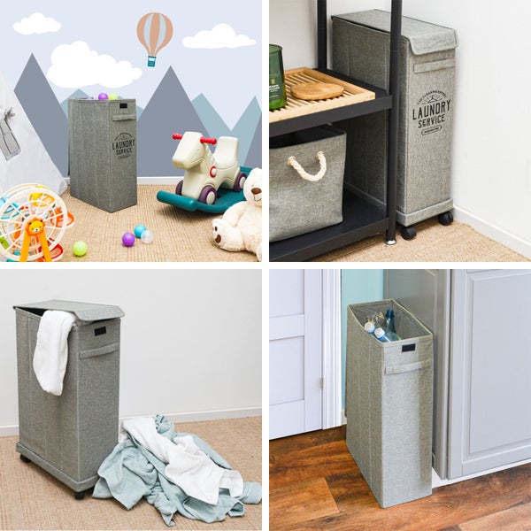 Collage eines schmalen Wäschesammlers aus grauem Textil mit Rollen und Deckel, gezeigt als platzsparende Lösung für Wäsche, Spielzeug und Recycling.