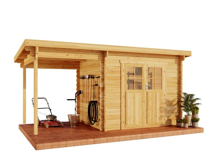Alpholz Gartenhaus Korfu mit Schleppdach Gartenhaus aus Holz in natur, Holzhaus mit 28 mm Wandstärke inklusive Schleppdach, Blockbohlenhaus mit Montagematerial imprägniert 4,4x2,3m