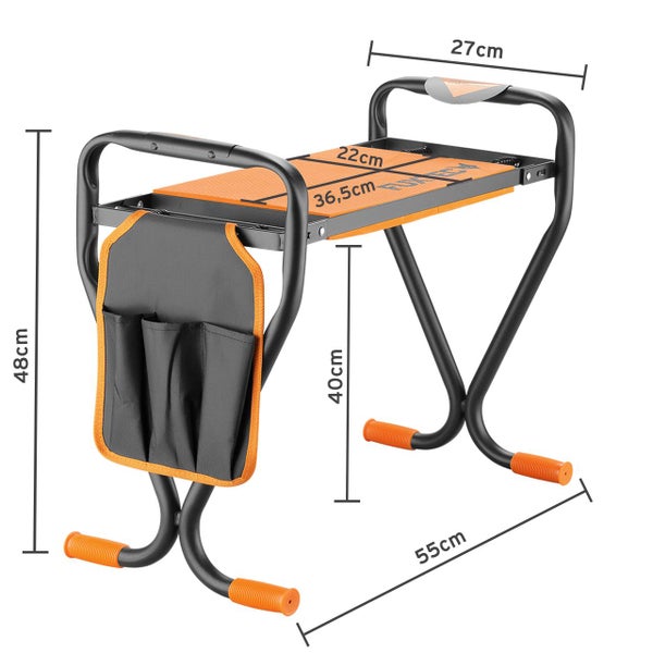 Klappbare Gartenkniebank und Gartenhocker mit Werkzeugtasche. Maße: Höhe 48 Zentimeter, Sitzhöhe 40 Zentimeter, Sitzfläche 36,5 mal 22 Zentimeter.
