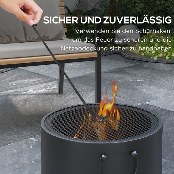Outsunny Feuerstelle, mit Schürhaken und Funkenschutz, Tischfeuer für Garten, Picknick, Ø38cm, Metall, Dunkelgrau