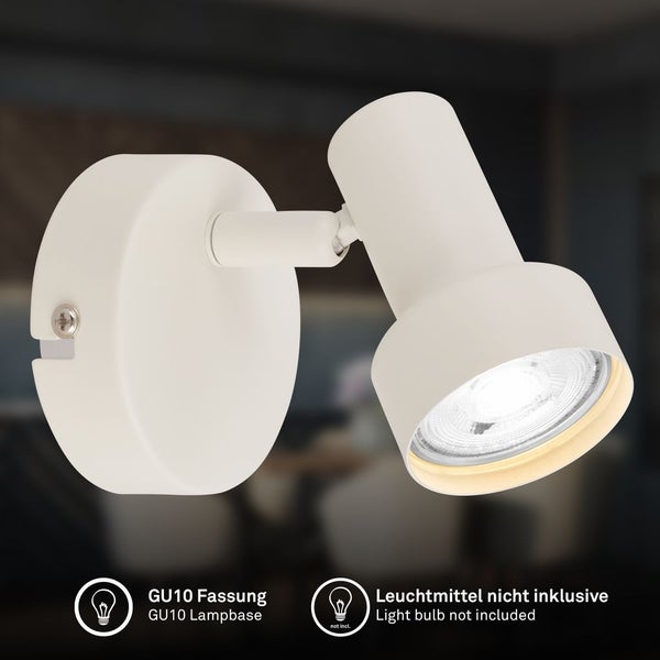 Weißer Wandstrahler mit verstellbarem Kopf und GU10 Fassung, Leuchtmittel nicht inklusive.