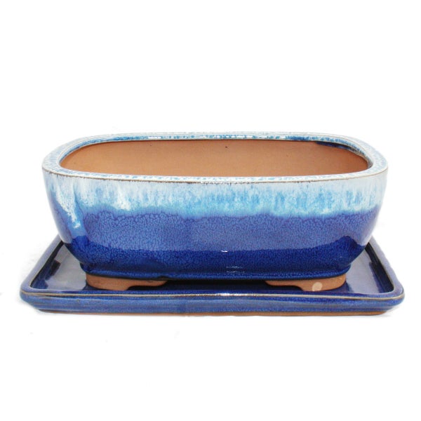 Bonsai-Schale mit Unterteller Gr. 4 blau/beige rechteckig Modell G5B L 25,5cm B 19cm H 9cm