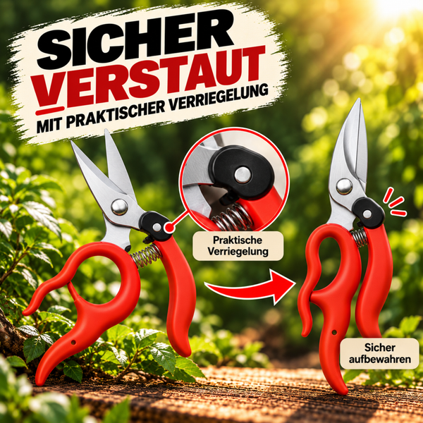 Gartenschere mit Sicherheitsverriegelung zur sicheren Aufbewahrung