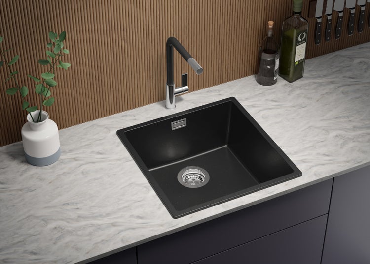 PRIMAGRAN Granitspüle Schwarz Metallic 46x47cm, Spülbecken 1 Becken + Küchenarmatur 40x20cm + Ablauf-Set, Küchenspüle ab 50er Unterschrank - London Slim