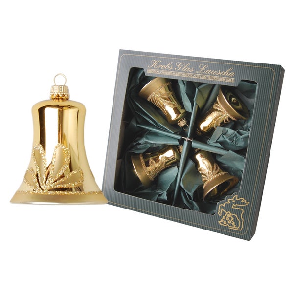 Gold glanz/matt 7cm Glocke, Glasornamente, mundgeblasen, handbemalt, 4 Stck., Weihnachtsbaumkugeln, Christbaumschmuck, Weihnachtsbaumanhänger