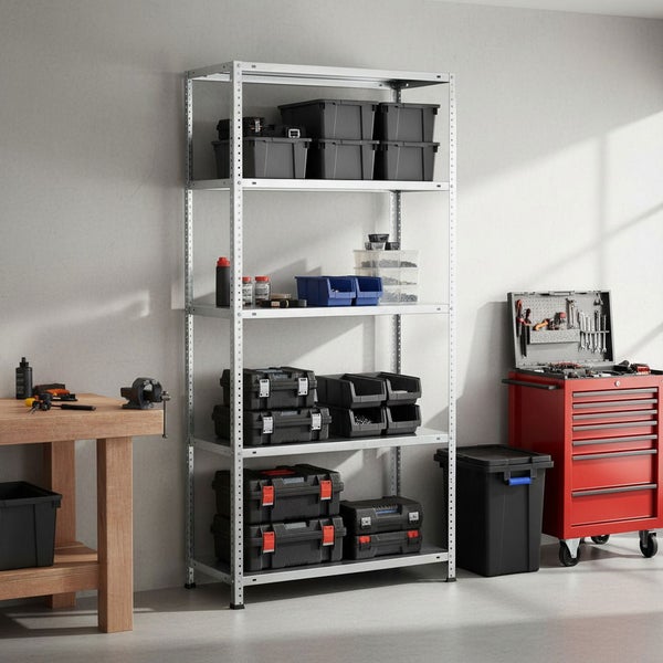 Helle, organisierte Werkstatt mit Metallregal voller Boxen, Werkzeugkoffern, einer Hobelbank aus Holz und einem Werkstattwagen.