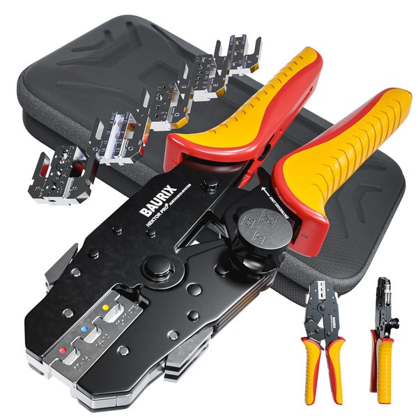 BAURIX® Crimpzange mit Wechselbacken, Crimpzangen Set, Krimpzange für Kabelschuhe, Flachsteckhülsen, Aderendhülsen, Quetschverbinder & Stoßverbinder, Krimpzangenset, Kabelzange, Crimping Pliers