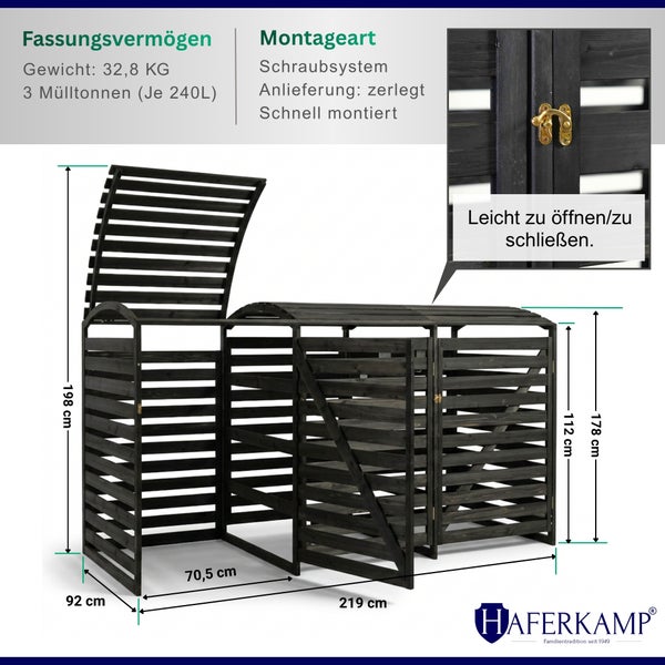 Haferkamp Dreier-Mülltonnenbox aus anthrazitfarbenem Holz mit Abmessungen und Produktdetails.