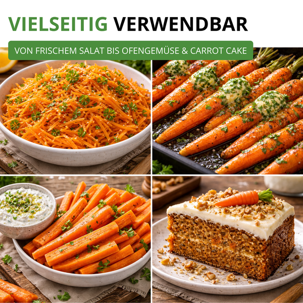 Collage zur vielseitigen Verwendung von Karotten: Salat, Ofengemüse, Rohkost mit Dip und Karottenkuchen.