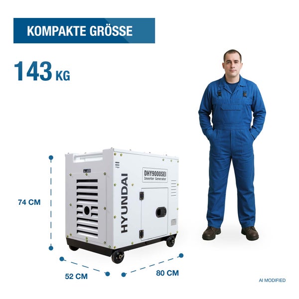 Hyundai Inverter Stromerzeuger DHY9000SEI mit Maßen von 80 mal 52 mal 74 Zentimetern und 143 Kilogramm Gewicht neben einer Person zur Skalierung.