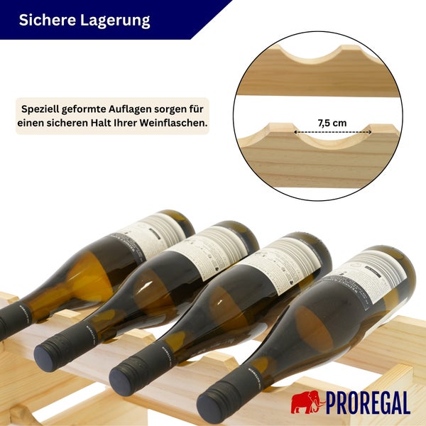 PROREGAL Weinregal aus Holz mit speziell geformten Auflagen von 7,5 cm Breite für sichere Lagerung von Weinflaschen.