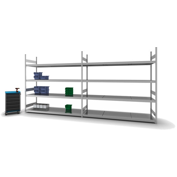 PROREGAL Weitspannregal Stecksystem T-Profil Grundregal HxBxT 250x250x80 cm 4 Ebenen Stahlplatten Fachboden Fachlast 350 kg Verzinkt