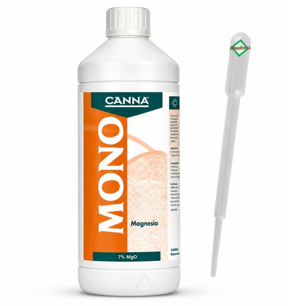 Eine Flasche Canna Mono Magnesia Pflanzendünger mit einer Pipette für die präzise Dosierung zur Unterstützung der Pflanzennährstoffversorgung.