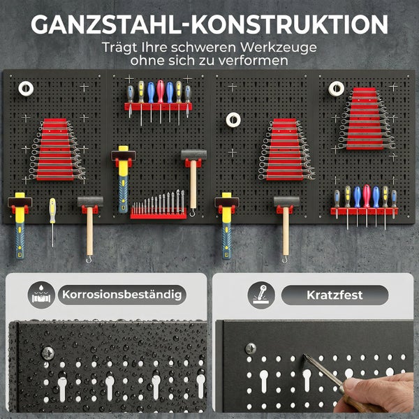 Werkzeugwand aus Ganzstahl mit Werkzeughaltern, korrosionsbeständig und kratzfest.