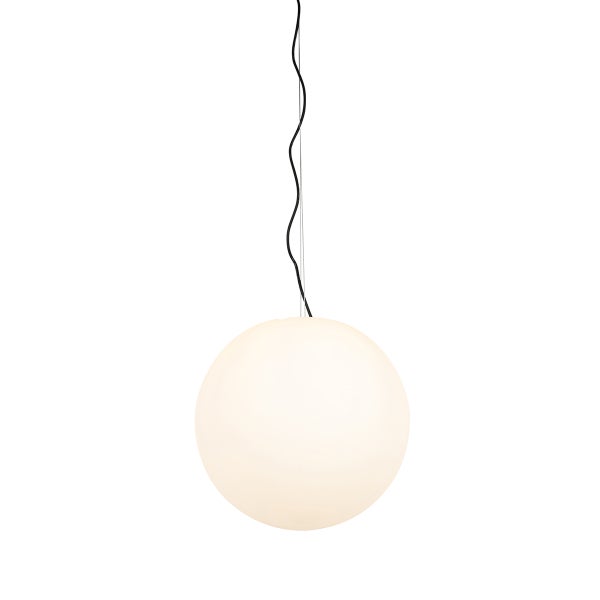 Kugelförmige Pendelleuchte mit weißem Schirm aus Glas und schwarzem Kabel.