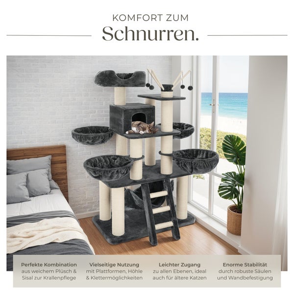 Kratzbaum tectake Gismo inklusive Treppe, 4 Spielbällen und Kippschutz 195 cm grau/weiß