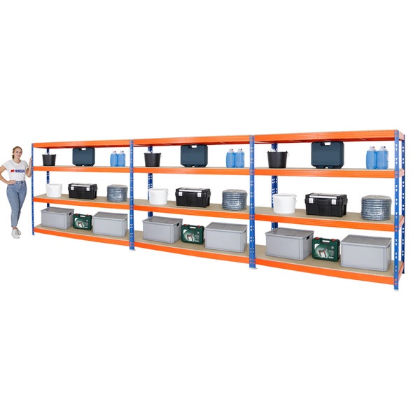 PROREGAL Mega Deal 3x Profi Schwerlastregal Rhino HxBxT 180 x 200 x 60 cm 4 Spanplatten-Ebenen 8mm Fachlast 500 kg Blau-Orange