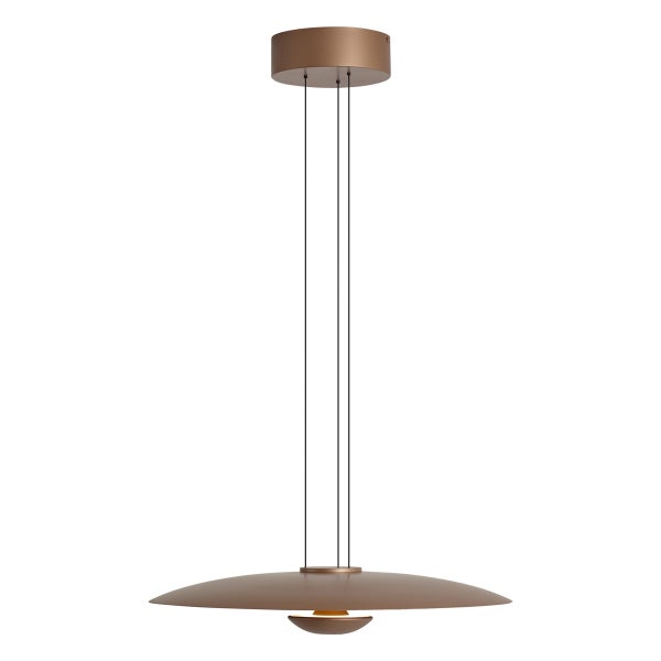 Moderne Pendelleuchte mit flachem, scheibenförmigem Lampenschirm und drei dünnen Aufhängungsseilen.