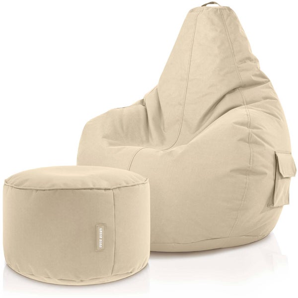 Green Bean© 2er Set Sitzsack + Hocker - fertig befüllt - robust waschbar schmutzabweisend - Kinder & Erwachsene Bean Bag Bodenkissen Lounge Sitzhocker Relax-Sessel Gamer Gamingstuhl Pouf - Beige