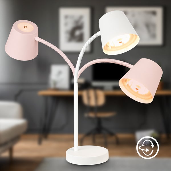Flexible Schreibtischleuchte mit 360 Grad verstellbarem Hals und Touch-Sensor, dargestellt in verschiedenen Positionen in einem Arbeitszimmer.