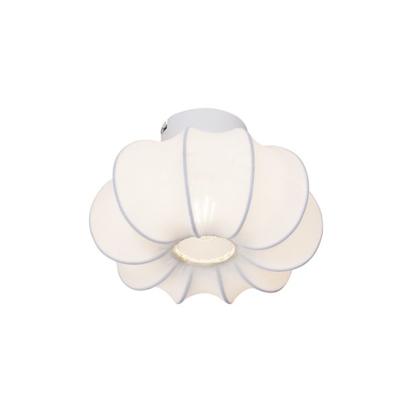 Moderne Deckenleuchte mit rundem, blütenförmigem Stoffschirm in Weiß.