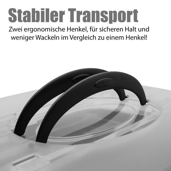 Zwei ergonomische schwarze Griffe auf einem transparenten Kunststoffdeckel für stabilen Transport.
