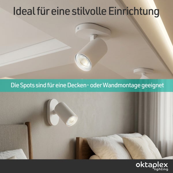 Zylindrischer Strahler für Decken- oder Wandmontage, gezeigt in einem hellen Schlafzimmer. oktaplex lighting Logo.