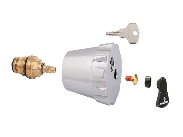 Abschließbarer Handgriff für Heizkörperventile mit Messing-Ventileinsatz, verchromter Kappe, Schlüssel und Zubehör. Schlösser Logo.