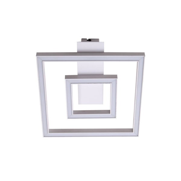 Quadratische LED-Deckenleuchte mit zwei ineinanderliegenden Rahmen aus Metall und Kunststoff.