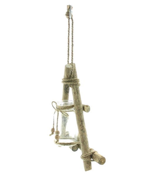 FRANK FLECHTWAREN | Hängevase Rustikal, HOLZ, JUTE, 28 x 28 cm, Glas 5 x 12 cm