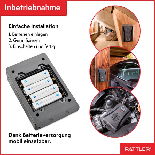PATTLER® Marderschreck Auto batteriebetrieben für ca. 40m² - mit Ultraschall und Anti Gewöhnungseffekt | Mobiler Marderschutz mit Batteriebetrieb | Marderabwehr , Haus, Garage, Dachboden, Garten