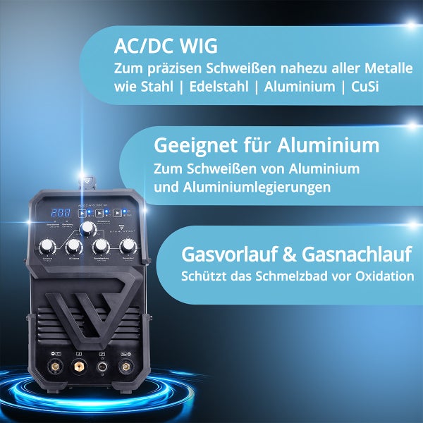 AC/DC WIG Schweißgerät mit Funktionen und Anwendungsbereichen für präzises Schweißen von Stahl, Edelstahl, Aluminium und Aluminiumlegierungen