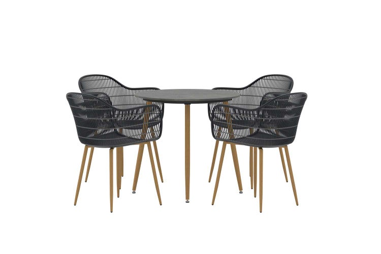 Gartenset bestehend aus einem runden Tisch und vier Sesseln mit Seilgeflecht und Holzoptik-Beinen.