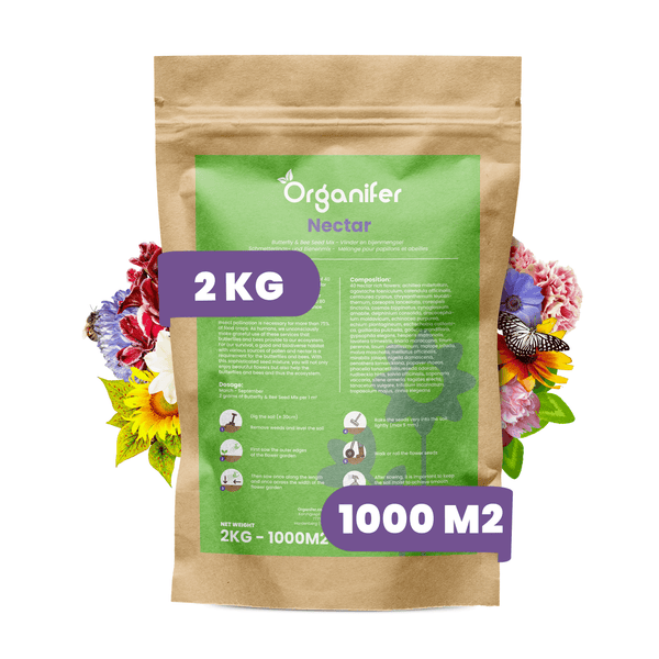 Organifer Nectar Schmetterlings- und Bienenmischung in 2 Kilogramm Packung für 1000 Quadratmeter zur Förderung der Artenvielfalt im Garten.