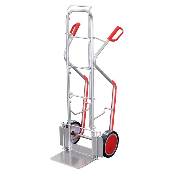 Sackkarre aus Metall mit roten Griffen und zwei Rädern.