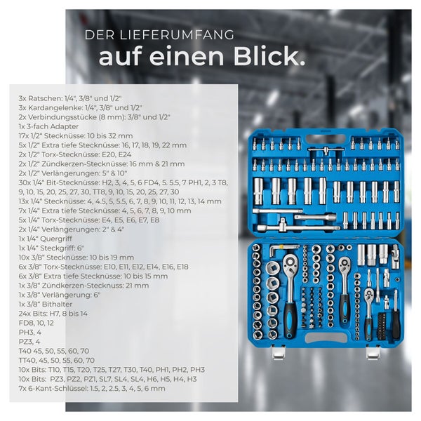 Blauer Werkzeugkoffer mit umfangreichem Steckschlüssel-Set und aufgelisteten Inhalten wie Ratschen, Steckschlüsseln und Bits in verschiedenen Größen.
