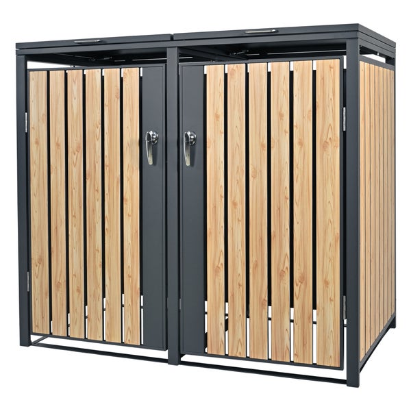 ML-Design Mülltonnenbox 2er 2 Tonnen 240L 132x80x116,3cm Anthrazit-Lärchenoptik, Stahl wetterfest/abschließbar Mülltonnenverkleidung Klappdeckel/2 Türen, Müllbox Mülltonnecontainer Mülltonnenabdeckung