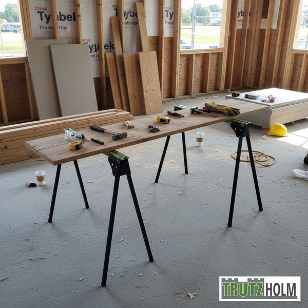 Zwei schwarze Arbeitsböcke tragen ein Holzbrett als Werkbank auf einer hellen Baustelle mit Werkzeugen wie Hammer und Maßband. Trutzholm Logo.