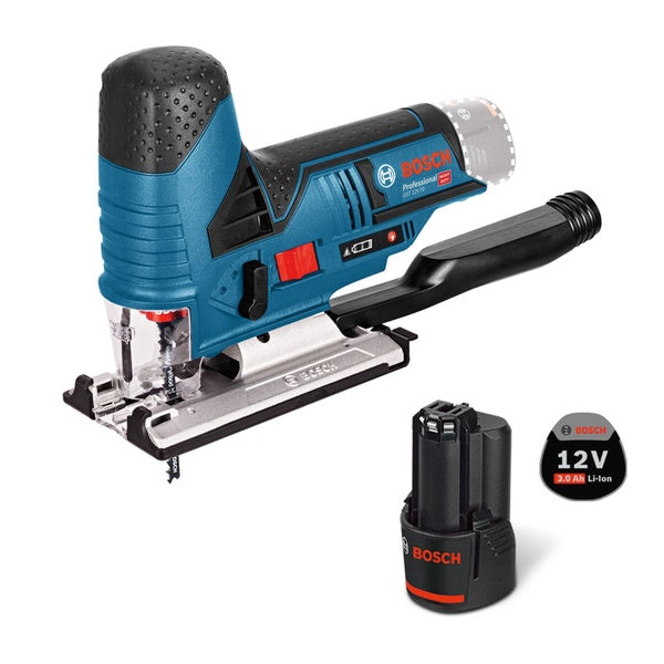 Blaue Akku-Stichsäge Bosch Professional GST 12V-70 mit silberner Fußplatte inklusive einem 12 Volt Lithium-Ionen-Akku mit 3,0 Amperestunden.