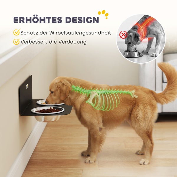 Wandmontierte erhöhte Hundebar mit Edelstahlschalen zur Förderung einer gesunden Körperhaltung und Verdauung.