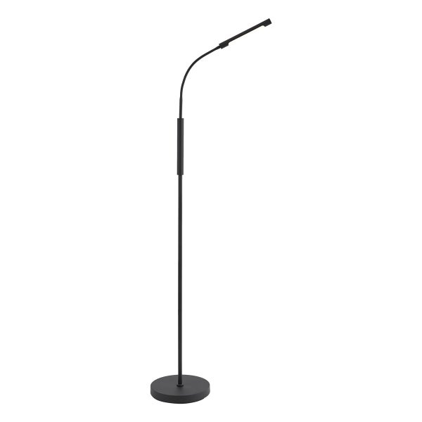 Moderne LED-Stehleuchte in Schwarz mit schmalem Standfuß und gebogenem Leuchtenkopf.