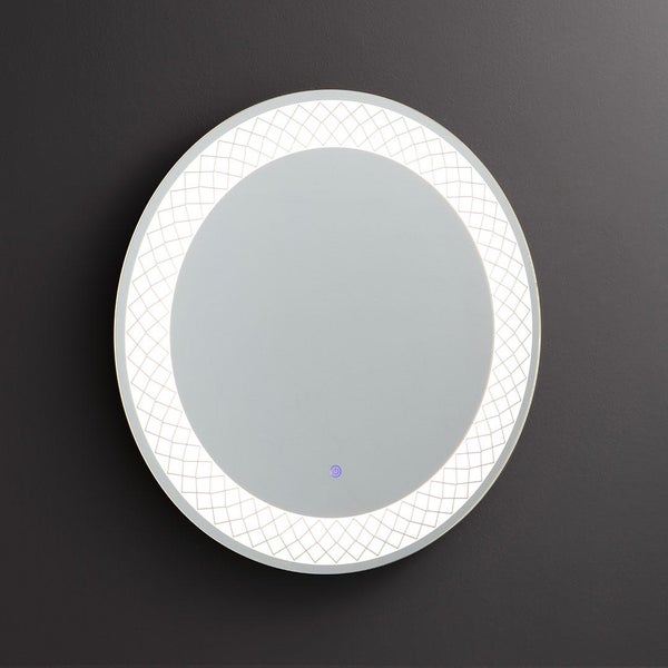 Runder LED-Badezimmerspiegel mit beleuchtetem Gittermuster am Rand und Touch-Sensor.