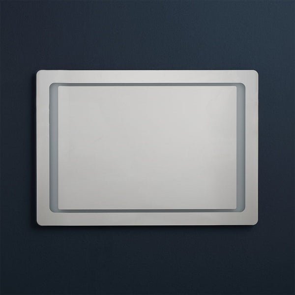 Rechteckiger Wandspiegel mit abgerundeten Ecken und integrierter LED-Beleuchtung.