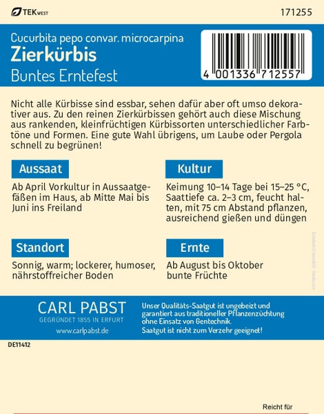Rückseite der Saatgutpackung für Zierkürbis Buntes Erntefest mit Informationen zu Aussaat, Standort und Ernte, Carl Pabst Logo und TEKWEST Logo.