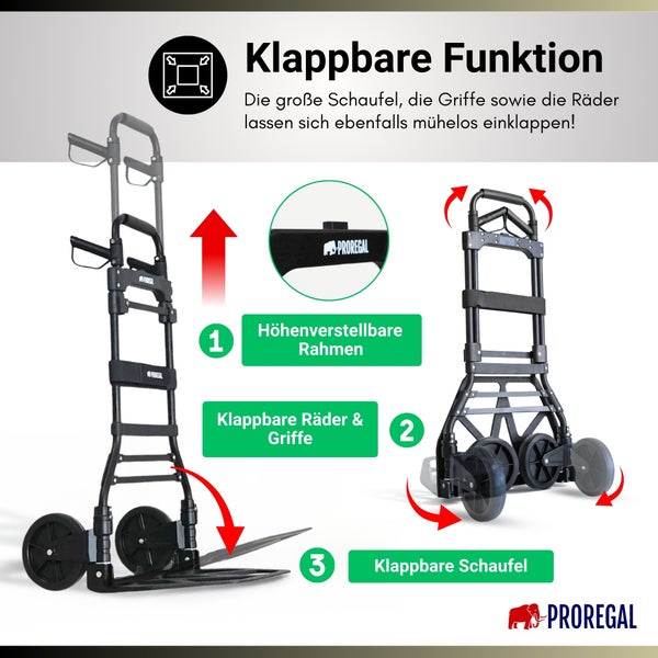 Klappbare Sackkarre von ProRegal mit höhenverstellbarem Rahmen, einklappbaren Rädern, Griffen und Schaufel. ProRegal Logo.
