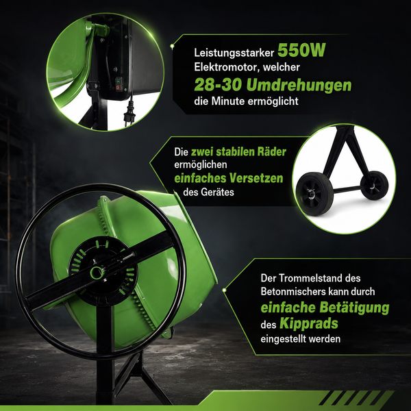 Betonmischer mit 550 Watt Motor, 28 bis 30 Umdrehungen pro Minute, zwei stabilen Transporträdern und Kipprad zur Einstellung der Trommelneigung.